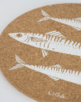 Sustainable cork placemat and coaster. Mackerel design