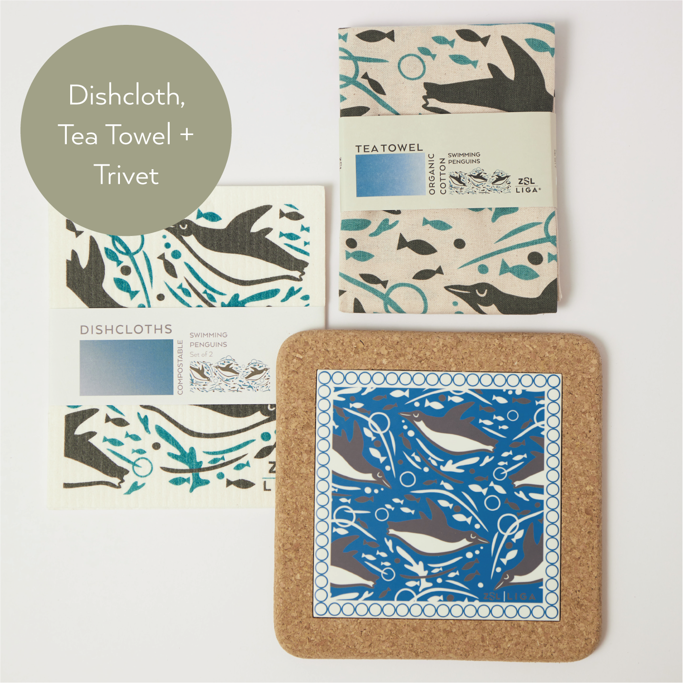 Swimming Penguin | Cork and Tile Trivet, Tea Towel and Dishcloths