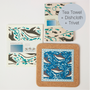 Cork and Tile Trivet, Tea Towel and Dishcloths | Swimming Penguin