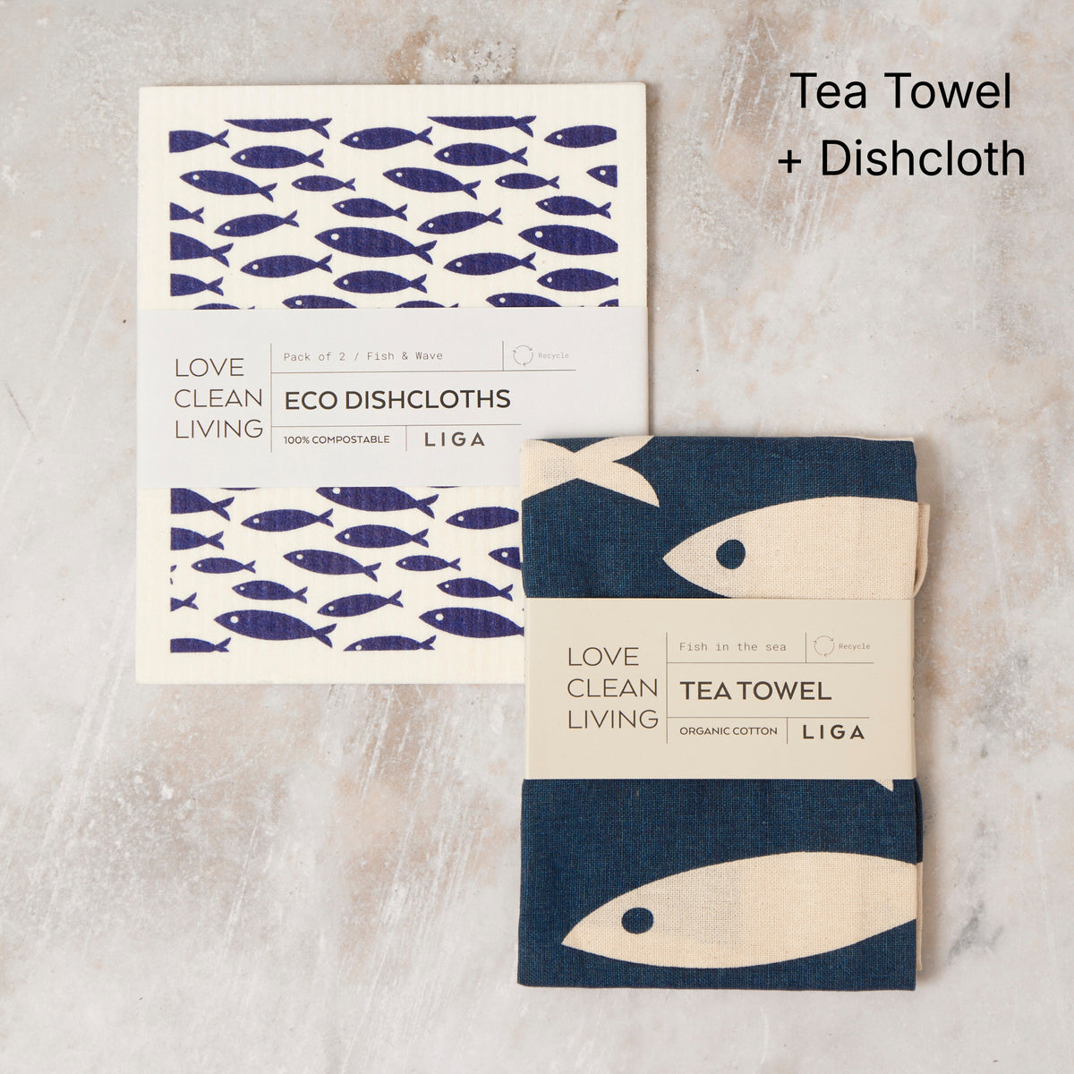 Tea Towel and matching Dishcloths | Fish &amp; Wave