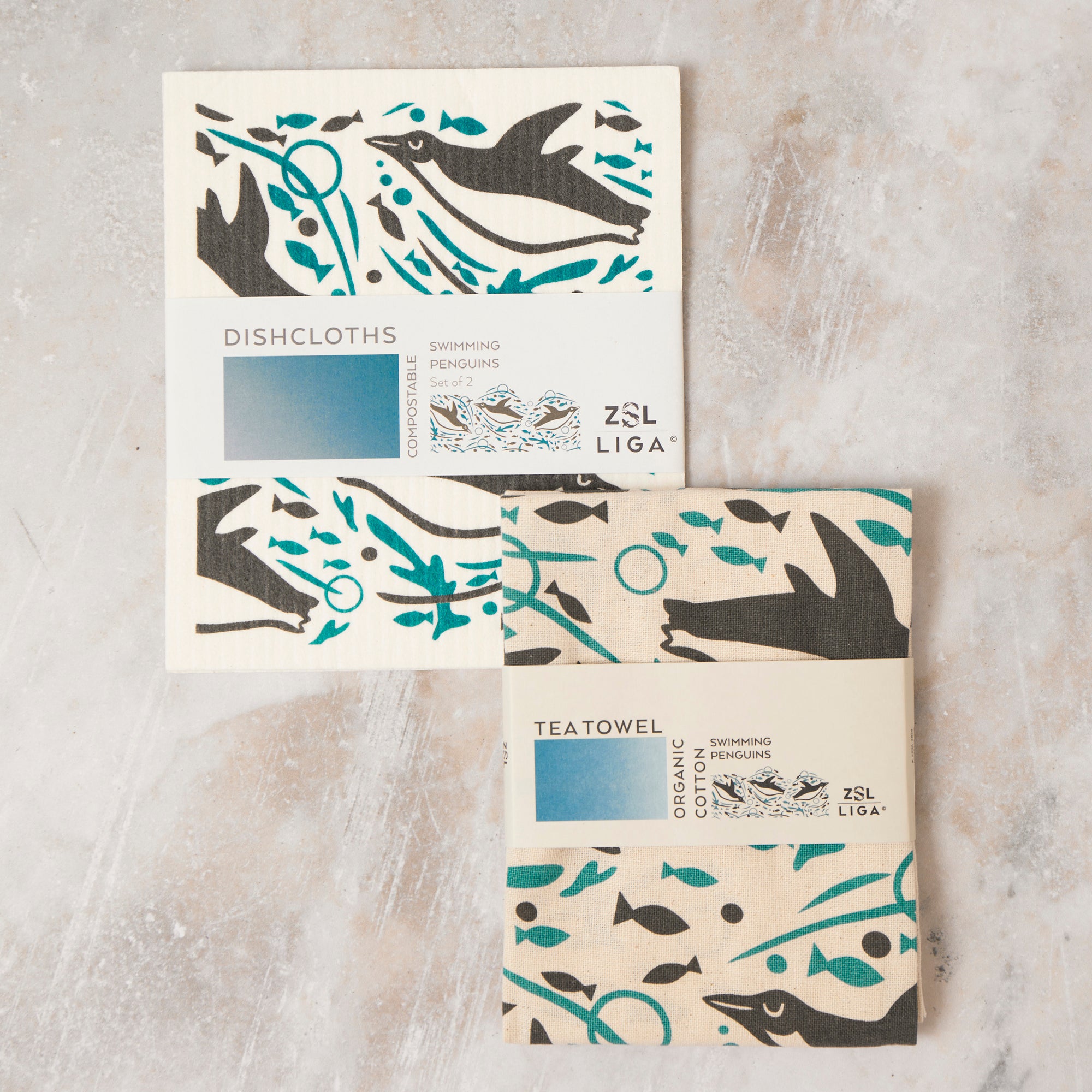 Swimming Penguin | Cork and Tile Trivet, Tea Towel and Dishcloths