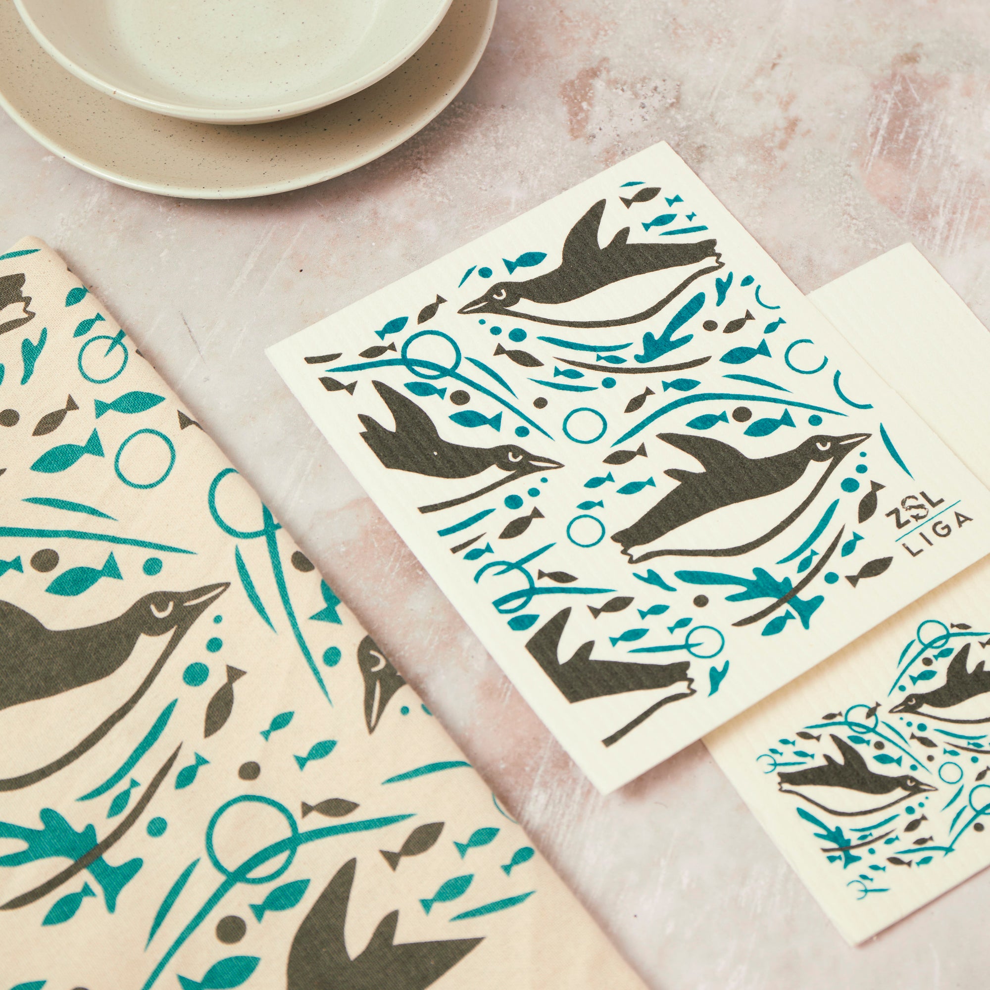 Swimming Penguin | Cork and Tile Trivet, Tea Towel and Dishcloths