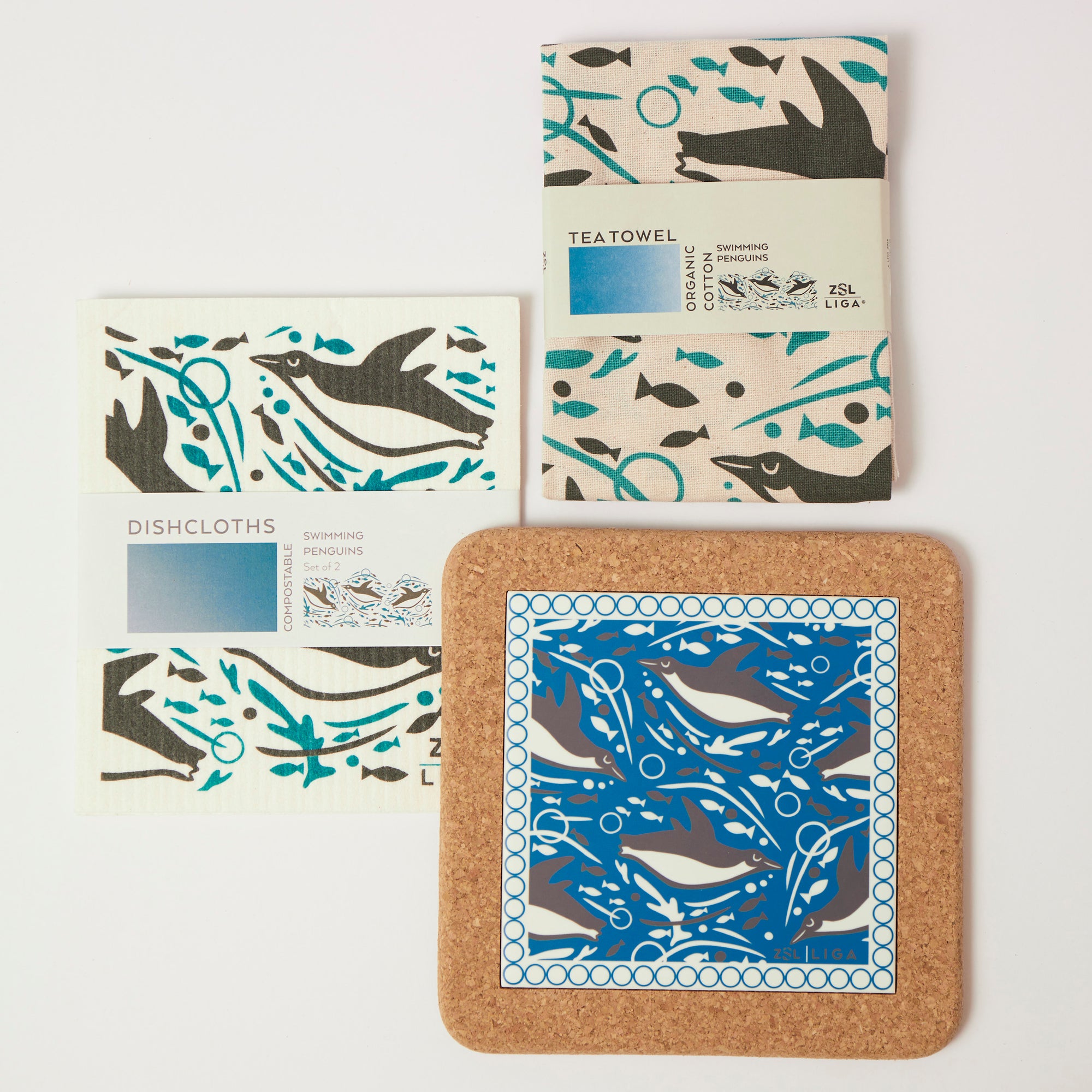 Swimming Penguin | Cork and Tile Trivet, Tea Towel and Dishcloths