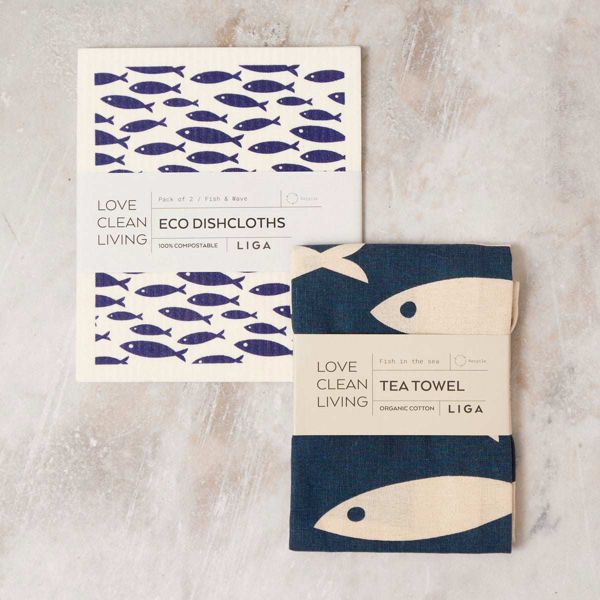 Tea Towel and matching Dishcloths | Fish &amp; Wave