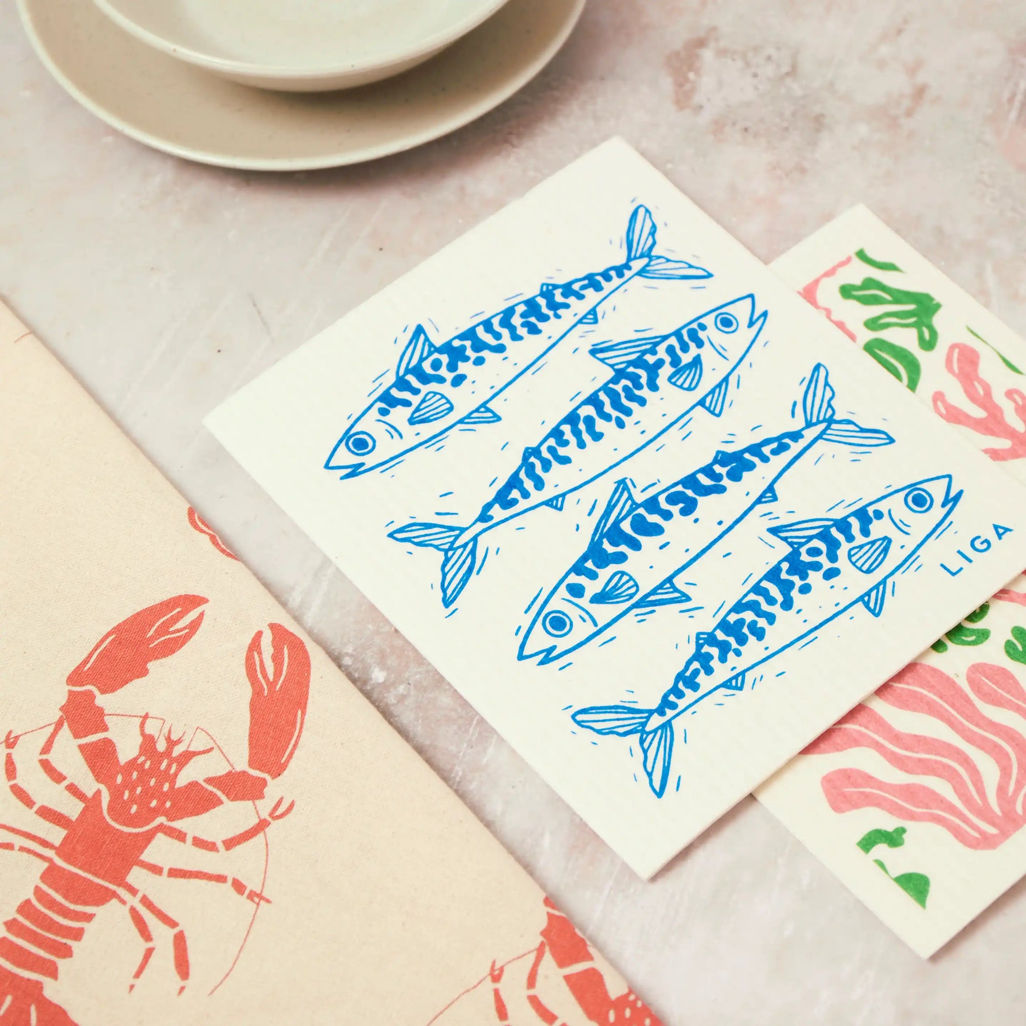 Tea Towel and matching Dishcloths | Mackerel &amp; Lobster