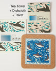 Cork and Tile Trivet, Tea Towel and Dishcloths | Swimming Penguin