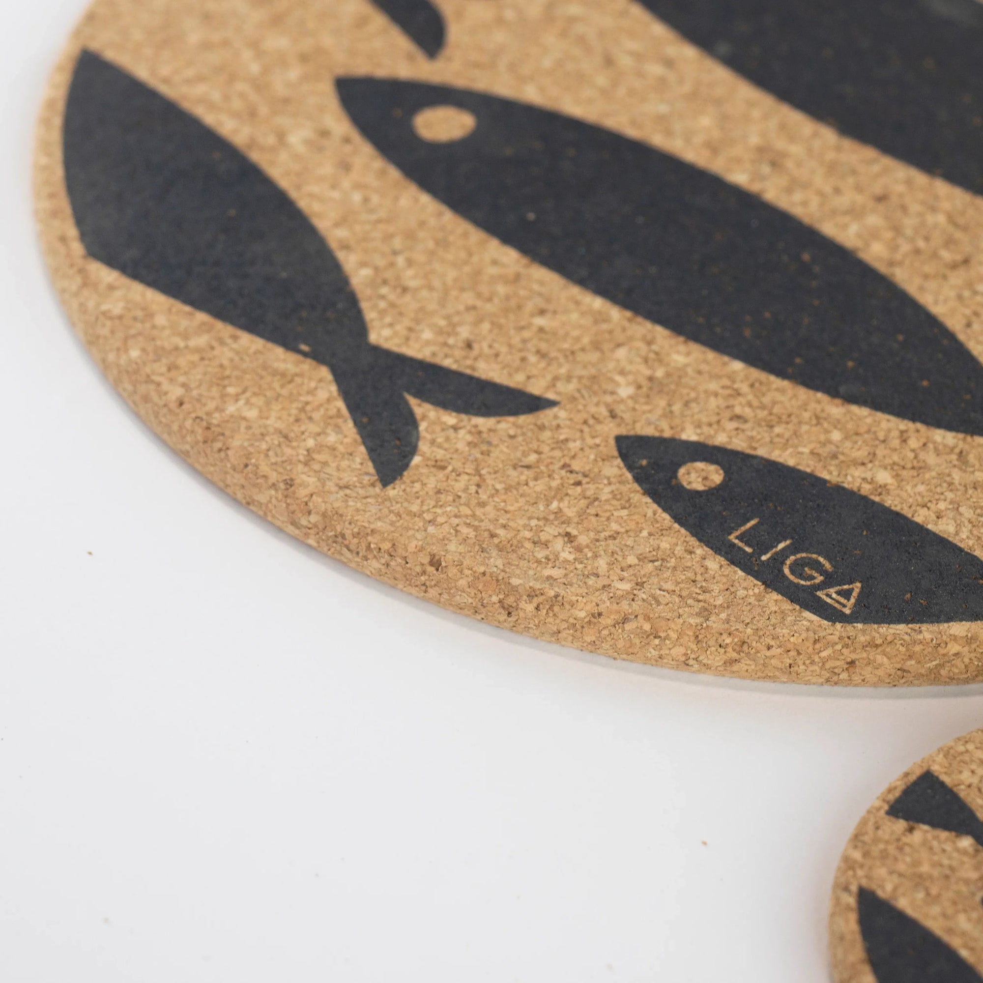 Eco friendly cork placemats + coasters. Grey Fish Design