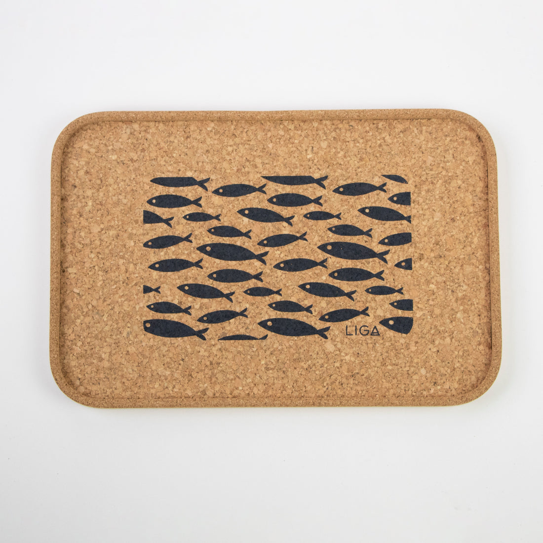Cork tray with grey fish design