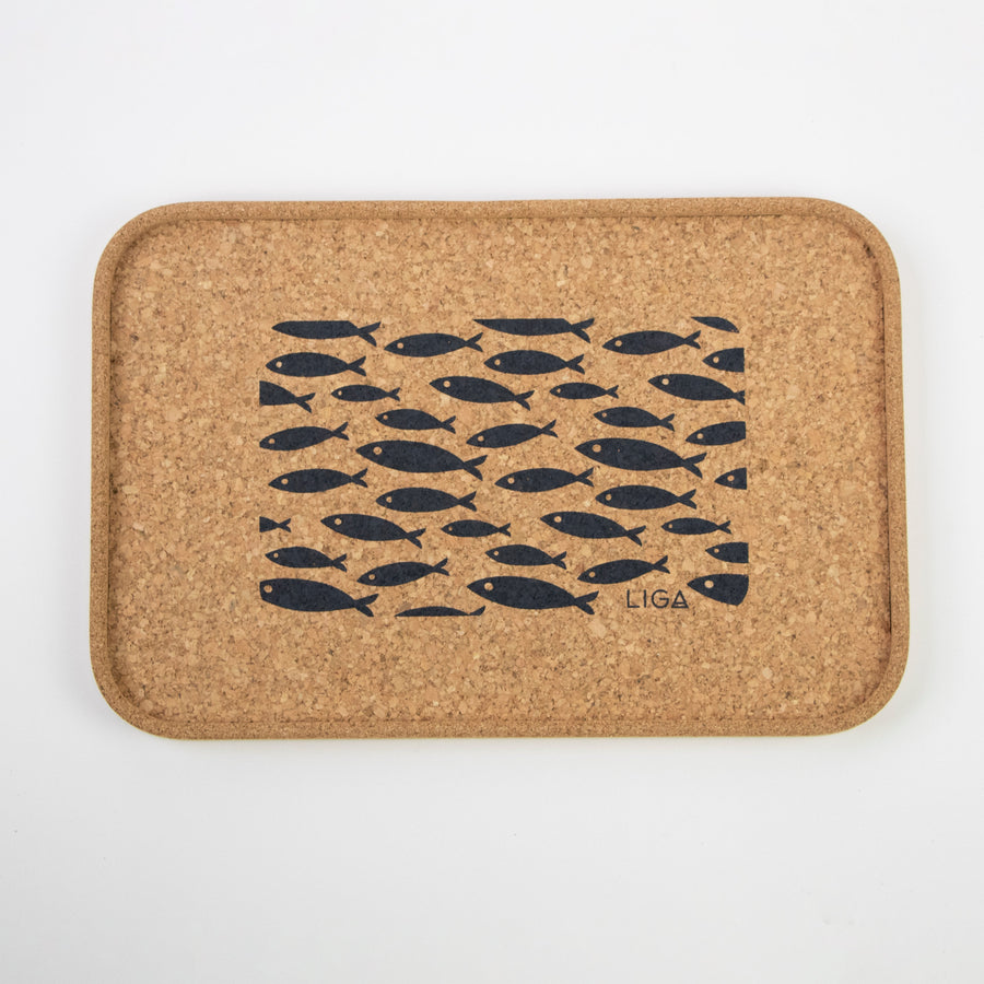 Cork tray with grey fish design