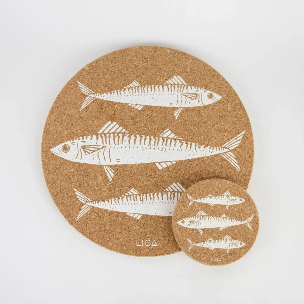 Sustainable cork placemat and coaster. Mackerel design