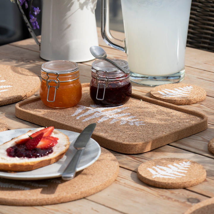 Eco Printed Cork Tray made of natural cork set out on a table with summer food 